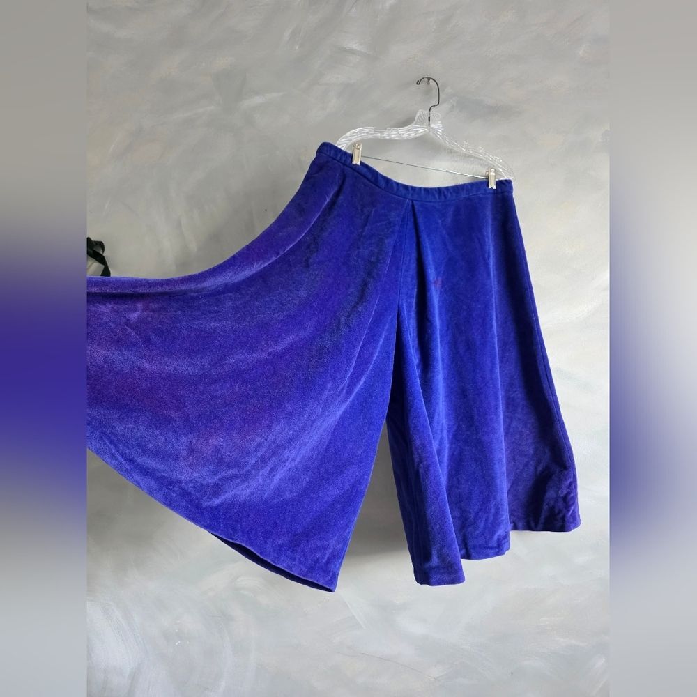 70s Blue Purple Velvet Velour Gaucho Pants Wide Leg Pleated Cropped VTG OS
